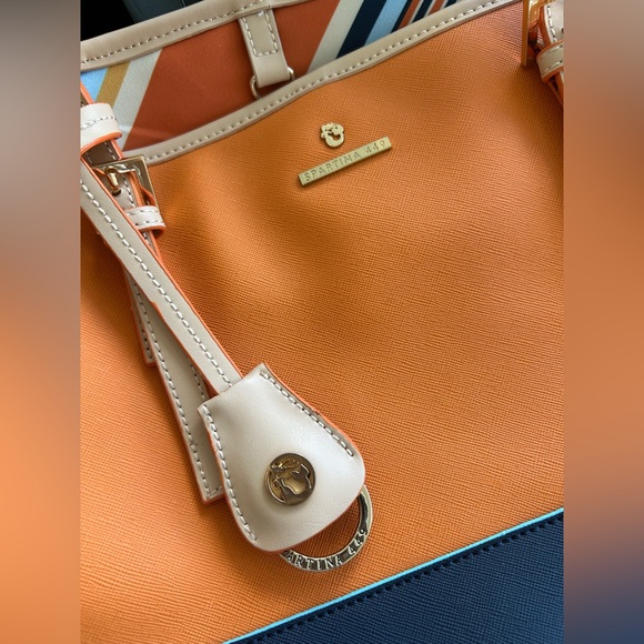 NWOT Spartina 449 Orange Navy Blue Tote Bag with Multi-color Silky Lining - Picture 13 of 15